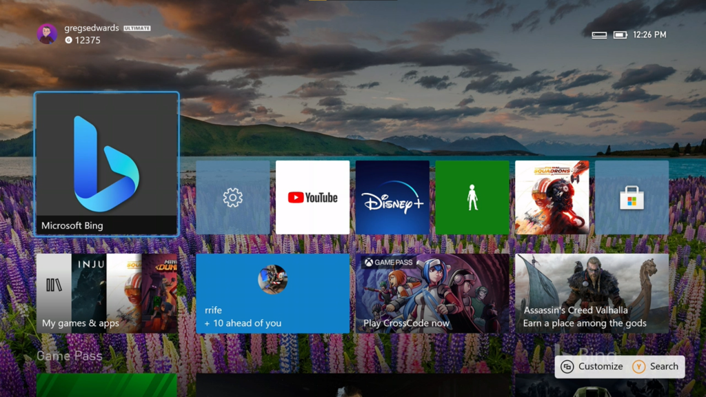 Xbox dashboard featuring a Bing wallpaper